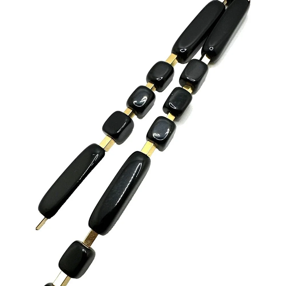 Vintage Trifari Black Lucite Necklace Long Bead Gold Tone Accent Statement 30